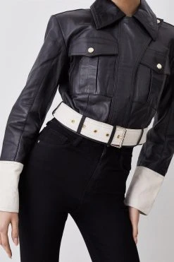 Karen Millen Leather Contrast Cropped Biker Jacket -Karen Millen shop mono leather contrast cropped biker jacket 1 3
