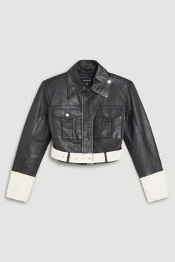Karen Millen Leather Contrast Cropped Biker Jacket -Karen Millen shop mono leather contrast cropped biker jacket 1 4