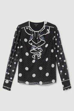 Karen Millen Mono Mixed Dot Ruffle Detail Georgette Blouse