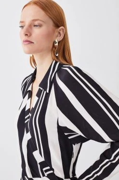 Karen Millen Mixed Stripe Collared Batwing Midi Dress -Karen Millen shop mono mixed stripe collared batwing midi dress 1