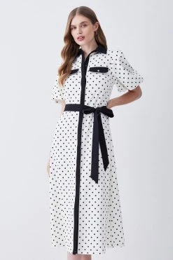 Karen Millen Petite Pin Dot Twill Belted Midi Dress