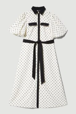 Karen Millen Petite Pin Dot Twill Belted Midi Dress -Karen Millen shop mono petite pin dot twill belted midi dress 3