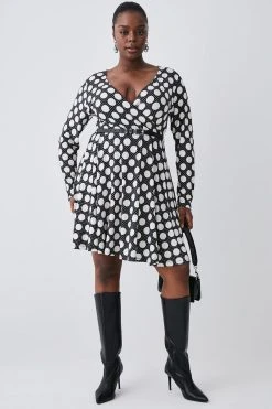 Karen Millen Plus Size Belted Viscose Blend Long Sleeve Jersey Mini Dress -Karen Millen shop mono plus size belted viscose blend long sleeve jersey mini dress 1