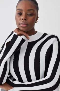 Karen Millen Plus Size Striped Knitted Long Sleeve Top -Karen Millen shop mono plus size striped knitted long sleeve top 1