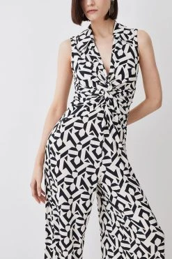 Karen Millen Mono Print Twist Knot Jersey Jumpsuit -Karen Millen shop mono print twist knot jersey jumpsuit 1 2