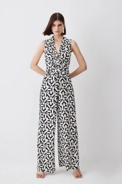 Karen Millen Mono Print Twist Knot Jersey Jumpsuit -Karen Millen shop mono print twist knot jersey jumpsuit 1 5