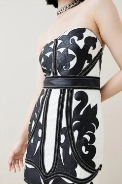 Karen Millen PU Cutwork Applique Strapless Mini Dress