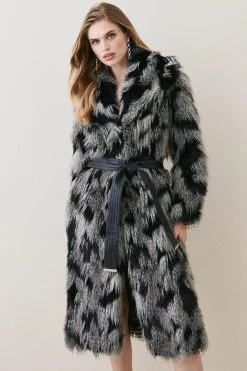 Karen Millen Shawl Collar Patched Pile Faux Fur Long Coat -Karen Millen shop mono shawl collar patched pile faux fur long coat 1