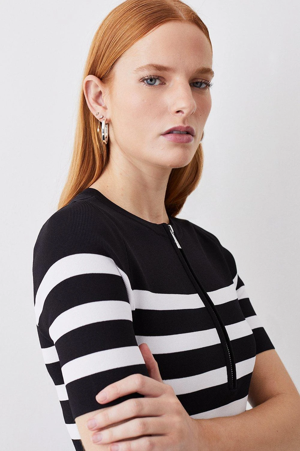 Karen Millen Short Sleeve Stripe Zip Neck Flippy Skater Dress 3 Karen Millen Short Sleeve Stripe Zip Neck Flippy Skater Dress