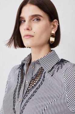 Karen Millen Striped Cotton Cutwork Woven Shirt -Karen Millen shop mono striped cotton cutwork woven shirt 3