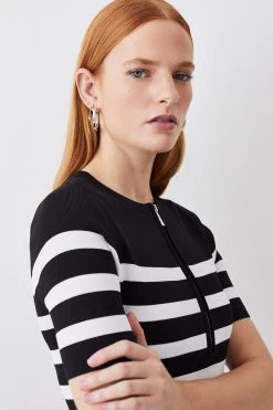 Karen Millen Tall Short Sleeve Stripe Zip Neck Flippy Skater Dress 8 Karen Millen Tall Short Sleeve Stripe Zip Neck Flippy Skater Dress -Karen Millen shop mono tall short sleeve stripe zip neck flippy skater dress 1