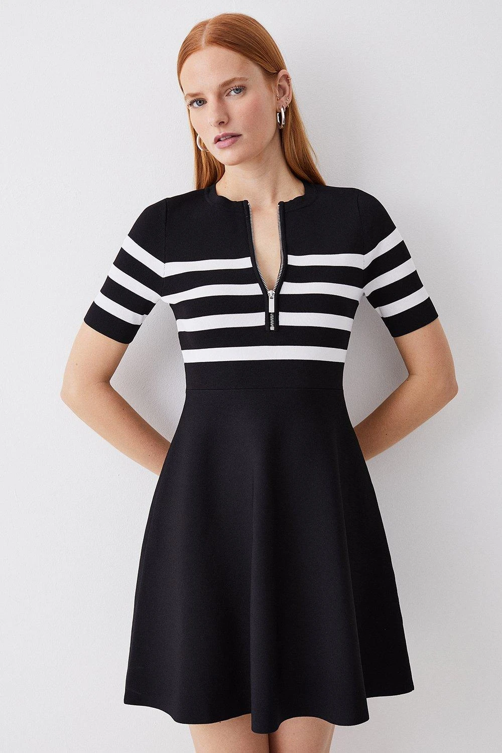 Karen Millen Tall Short Sleeve Stripe Zip Neck Flippy Skater Dress 6 Karen Millen Tall Short Sleeve Stripe Zip Neck Flippy Skater Dress - Image 4