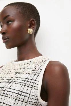 Karen Millen Textured Check Knit Pearl Detail Pencil Mini Dress -Karen Millen shop mono textured check knit pearl detail pencil mini dress 1