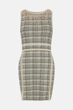 Karen Millen Textured Check Knit Pearl Detail Pencil Mini Dress -Karen Millen shop mono textured check knit pearl detail pencil mini dress 2