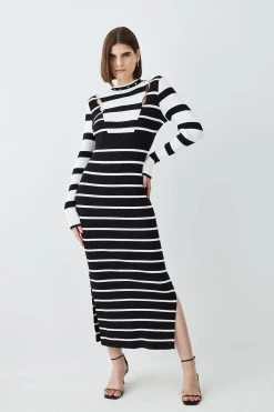 Karen Millen Viscose Blend Soft Touch Stripe Knit Midi Dress -Karen Millen shop mono viscose blend soft touch stripe knit midi dress 2