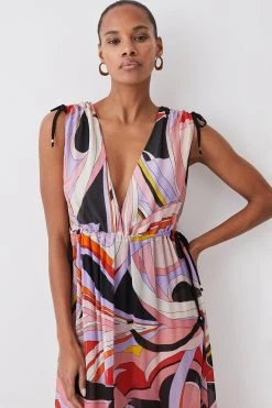 Karen Millen Abstract 60s Colourblock Silk Viscose Maxi Beach Dress