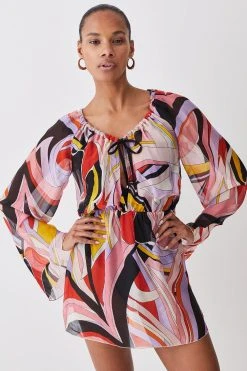 Karen Millen Abstract 60s Colourblock Silk Viscose Mini Beach Dress -Karen Millen shop multi abstract 60s colourblock silk viscose mini beach dress 2