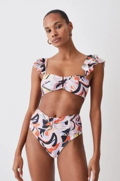 Karen Millen Abstract Print Gold Trim High Waist Bikini Bottoms -Karen Millen shop multi abstract print gold trim high waist bikini bottoms 1