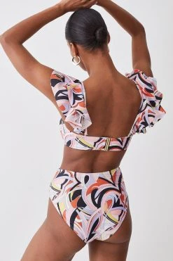 Karen Millen Abstract Print Gold Trim High Waist Bikini Bottoms -Karen Millen shop multi abstract print gold trim high waist bikini bottoms 2