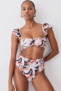 Karen Millen Abstract Print Ruffle Bikini Top With Detachable Straps -Karen Millen shop multi abstract print ruffle bikini top with detachable straps 2