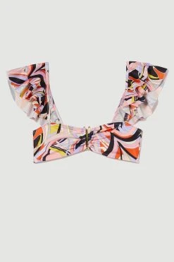 Karen Millen Abstract Print Ruffle Bikini Top With Detachable Straps