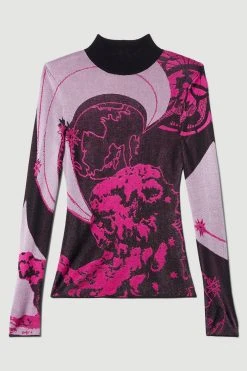 Karen Millen British Museum Slinky Knit Star Mapped Jacquard Top -Karen Millen shop multi british museum slinky knit star mapped jacquard top 2