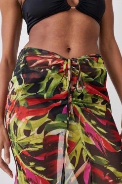 Karen Millen Floral Palm Printed Ruched Woven Beach Skirt -Karen Millen shop multi floral palm printed ruched woven beach skirt 1 4