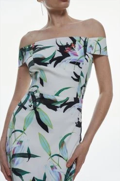 Karen Millen Italian Signature Stretch Lilly Printed Bardot Pencil Dress