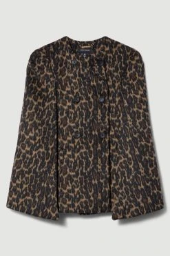 Karen Millen Italian Wool Blend Animal Jacquard Cape Coat