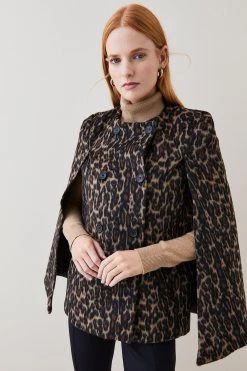 Karen Millen Italian Wool Blend Animal Jacquard Cape Coat -Karen Millen shop multi italian wool blend animal jacquard cape coat 1 3