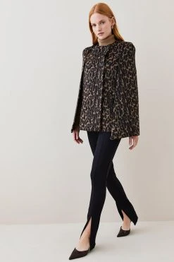 Karen Millen Italian Wool Blend Animal Jacquard Cape Coat -Karen Millen shop multi italian wool blend animal jacquard cape coat 1 5