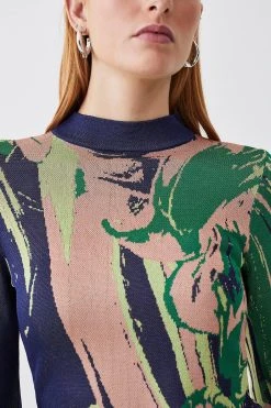 Karen Millen Jacquard Blouson Sleeve Funnel Neck Knit Jumper -Karen Millen shop multi jacquard blouson sleeve funnel neck knit jumper 2