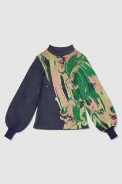 Karen Millen Jacquard Blouson Sleeve Funnel Neck Knit Jumper