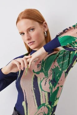 Karen Millen Jacquard Blouson Sleeve Funnel Neck Knit Jumper -Karen Millen shop multi jacquard blouson sleeve funnel neck knit jumper 3
