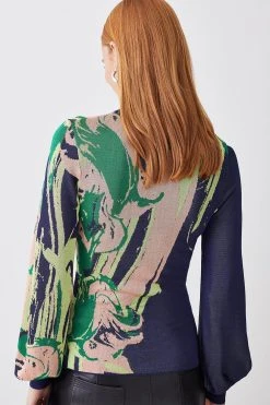 Karen Millen Jacquard Blouson Sleeve Funnel Neck Knit Jumper -Karen Millen shop multi jacquard blouson sleeve funnel neck knit jumper 4
