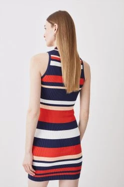 Karen Millen Knitted Rib Zip Up Stripe Mini Dress -Karen Millen shop multi knitted rib zip up stripe mini dress 1