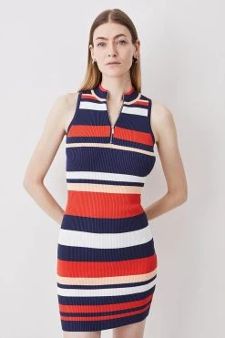 Karen Millen Knitted Rib Zip Up Stripe Mini Dress -Karen Millen shop multi knitted rib zip up stripe mini dress 3