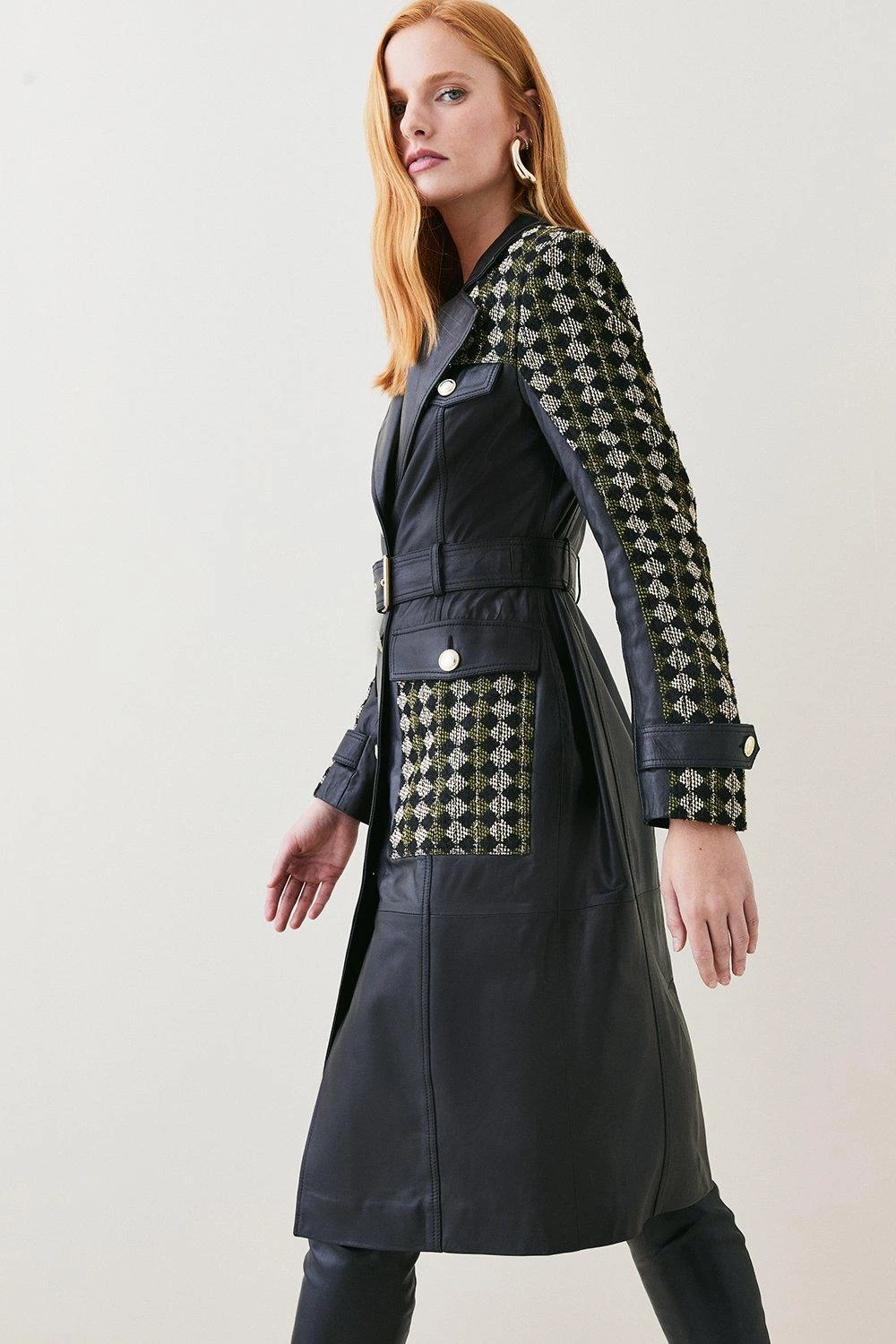 Karen Millen Leather And Tweed Mix Pocket Detail Coat 4 Karen Millen Leather And Tweed Mix Pocket Detail Coat - Image 2