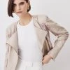 Karen Millen Leather Tweed Panel Detail Collarless Biker Jacket -Karen Millen shop multi leather tweed panel detail collarless biker jacket