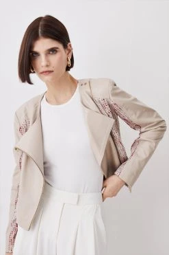 Karen Millen Leather Tweed Panel Detail Collarless Biker Jacket
