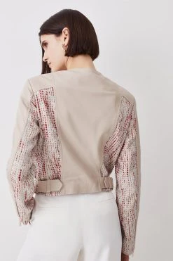 Karen Millen Leather Tweed Panel Detail Collarless Biker Jacket -Karen Millen shop multi leather tweed panel detail collarless biker jacket 1 2