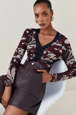 Karen Millen Marble Slinky Jacquard Knit Top 7 Karen Millen Marble Slinky Jacquard Knit Top -Karen Millen shop multi marble slinky jacquard knit top 1 1