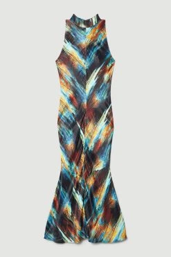 Karen Millen Marble Viscose Satin High Neck Maxi Dress -Karen Millen shop multi marble viscose satin high neck maxi dress 3
