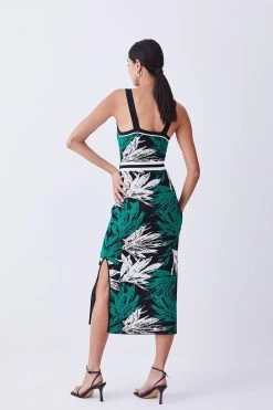 Karen Millen Palm Jacquard Knit Midi Dress -Karen Millen shop multi palm jacquard knit midi dress 4