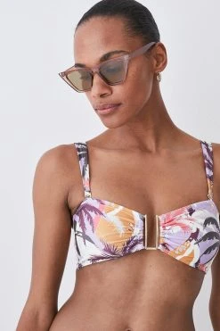 Karen Millen Palm Print Gold Trim Detachable Strap Bikini Top -Karen Millen shop multi palm print gold trim detachable strap bikini top 2