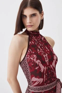 Karen Millen Petite Mirror Jacquard Knit Halterneck Jumpsuit -Karen Millen shop multi petite mirror jacquard knit halterneck jumpsuit 4