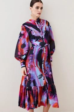 Karen Millen Petite Silk Cotton Marble Pin Tuck Woven Maxi Dress