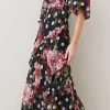 Karen Millen Petite Spot Floral Chiffon Square Neck Ruffle Maxi Dress