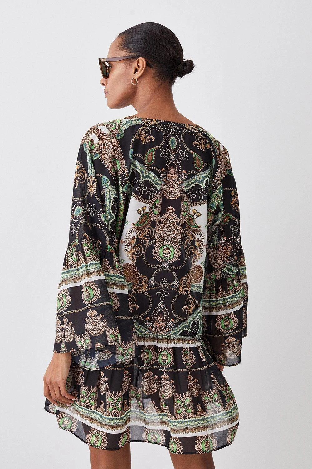 Karen Millen Placed Print Embellished Kimono Sleeve Beach Mini Dress 4 Karen Millen Placed Print Embellished Kimono Sleeve Beach Mini Dress - Image 2