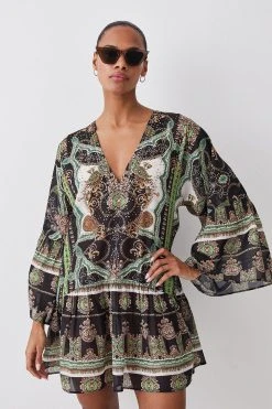 Karen Millen Placed Print Embellished Kimono Sleeve Beach Mini Dress